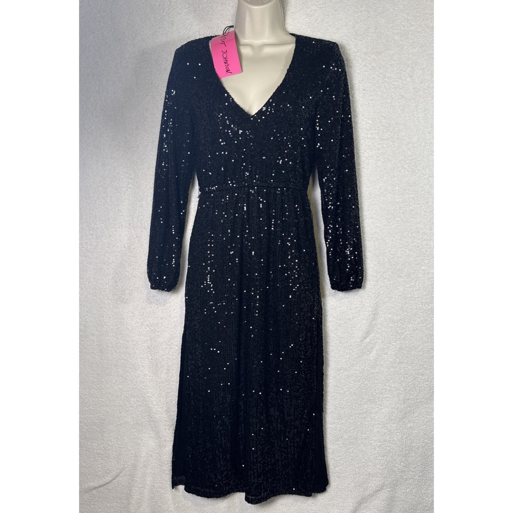 Betsey Johnson Black Sequin Midi Dress Holiday Glam Core Long Sleeve SzXS NWT